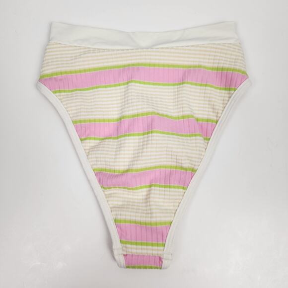 L*Space Frenchi Bikini Bottom in Cream Pink Striped Size Small NWT High Waisted - Picture 2 of 4